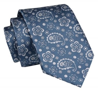 Męski Krawat - Niebieski, Duże Paisley - Angelo di Monti 