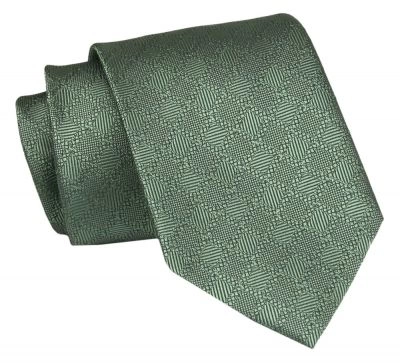 Męski Krawat - Zieleń, Faktura w Kratę - Angelo di Monti 
