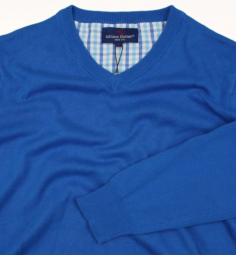 Sweter w Serek (V-neck) Niebieski, Klasyczny, Chabrowy, Męski - Adriano Guinari 