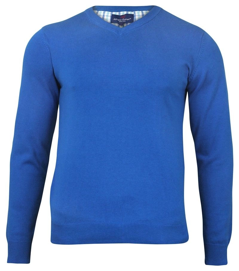 Sweter w Serek (V-neck) Niebieski, Klasyczny, Chabrowy, Męski - Adriano Guinari 