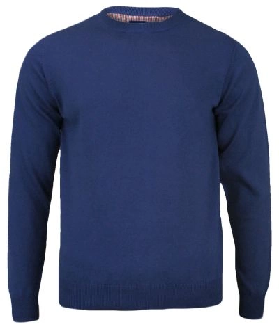 Sweter Niebieski, Bawełniany, Męski (U-neck) Klasyczny, Okrągły Dekolt
