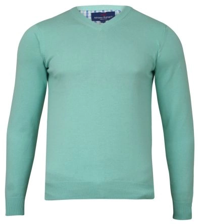 Sweter Miętowy w Serek (V-neck) -Adriano Guinari- Klasyczny, Męski