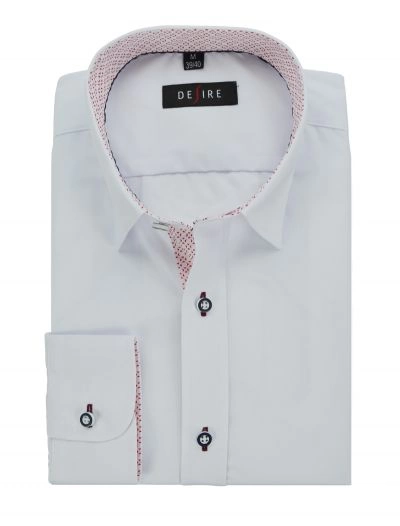 Koszula Męska SLIM-FIT, Bawełniana, Długi Rękaw, Różowe Wykończenia, Biała