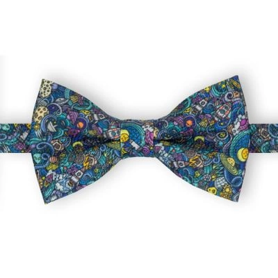 Mucha Męska, Niebieska, Motyw Kosmiczny, Planety, Bez Poszetki -EM Men's Accessories