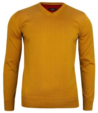 Sweter Musztardowy, Złoty Męski (V-neck) -MM Classic- w Serek, Klasyczny, Elegancki