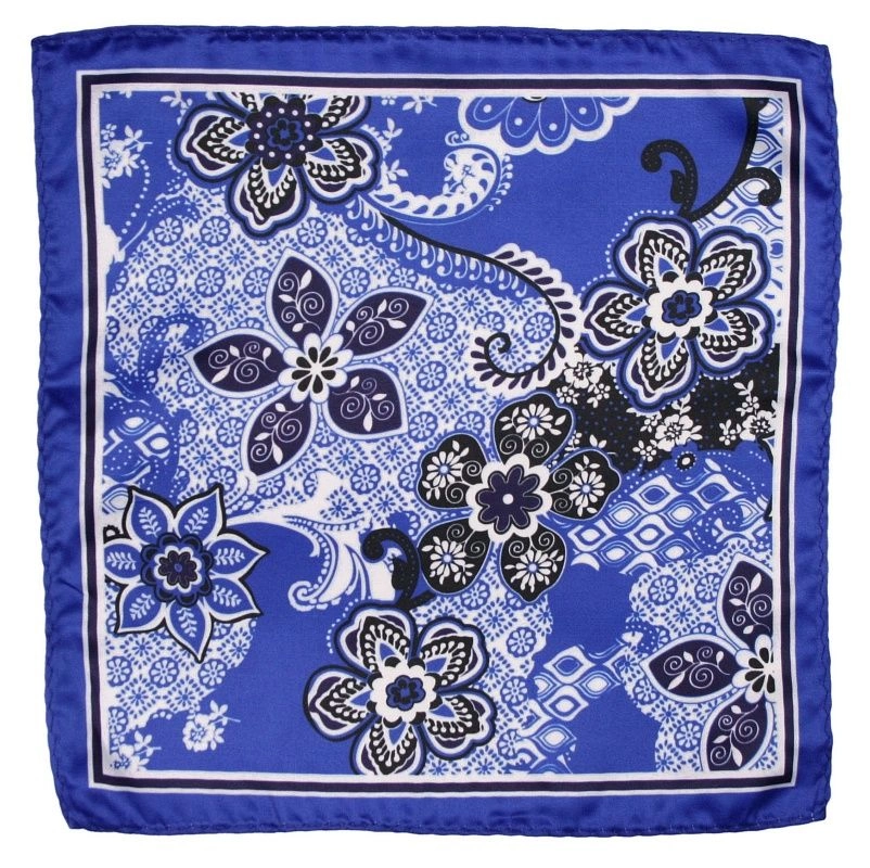 Niebieska Elegancka Męska Poszetka -ALTIES- 24x24 cm, w Duże Kwiatki, Motyw Florystyczny