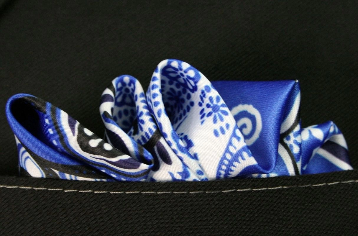 Niebieska Elegancka Męska Poszetka -ALTIES- 24x24 cm, w Duże Kwiatki, Motyw Florystyczny