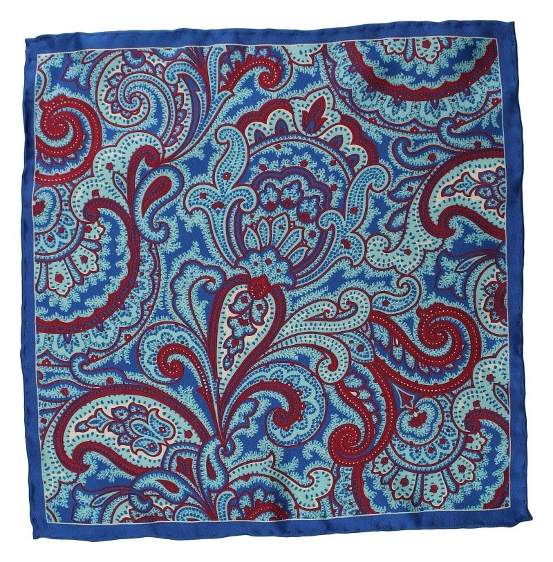 Niebieska Jedwabna Męska Poszetka -EM Men's Accessories- Paisley, Wzór Orientalny