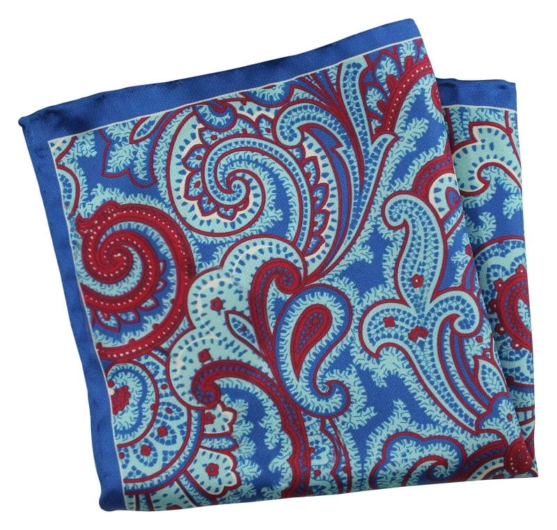 Niebieska Jedwabna Męska Poszetka -EM Men's Accessories- Paisley, Wzór Orientalny