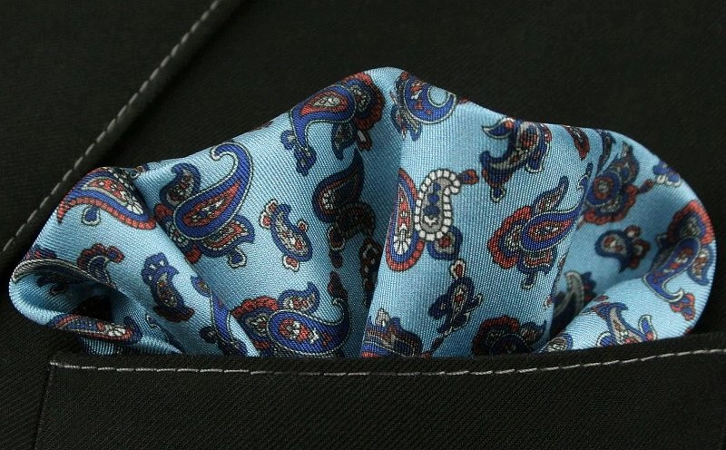 Niebieska Jedwabna Męska Poszetka -EM Men's Accessories- w Drobny Wzór Paisley, Łezki