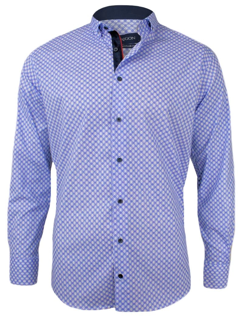 Niebieska Koszula Męska - RIGON - Krój Prosty, Geometryczny Wzór, Długi Rękaw
