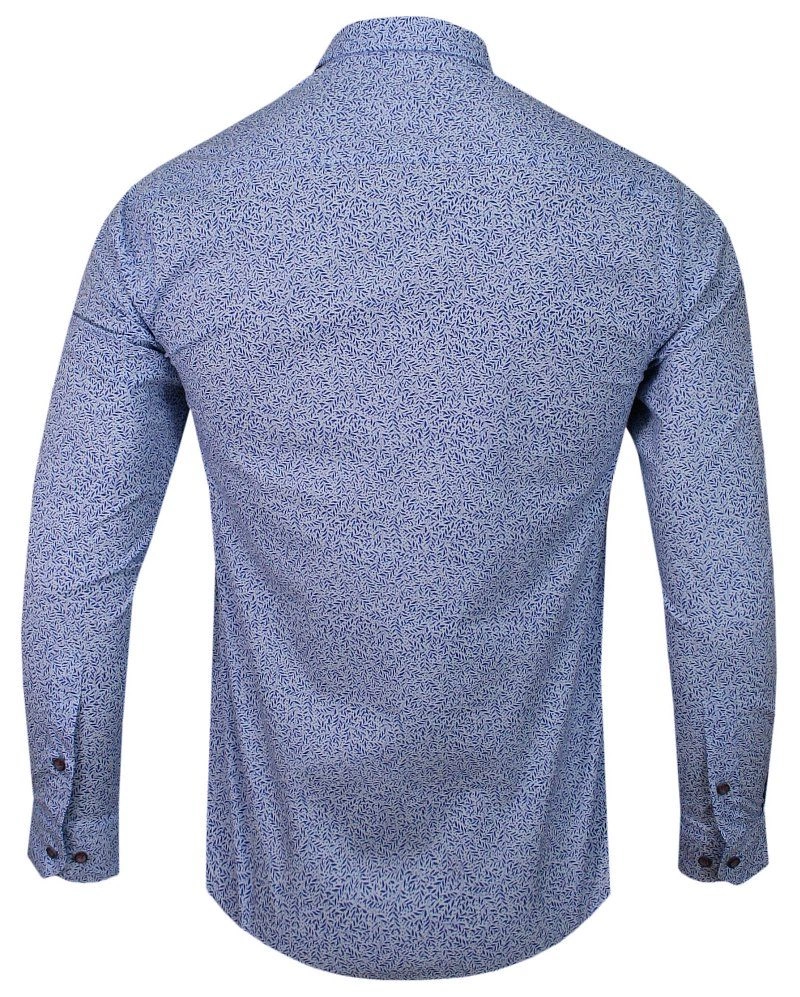 Niebieska Koszula Męska -RIGON- Krój TALIOWANY, Długi Rękaw, Slim Fit, w Listki, Wzór Florystyczny