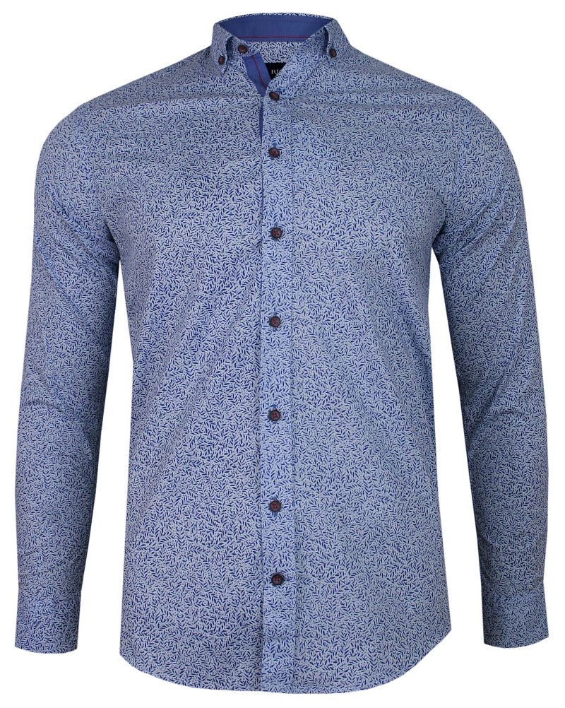 Niebieska Koszula Męska -RIGON- Krój TALIOWANY, Długi Rękaw, Slim Fit, w Listki, Wzór Florystyczny