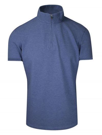 Niebieska Koszulka Polo na Stójce -CHIAO- 100% Bawełna, Męska, Krótki Rękaw, na Zamek