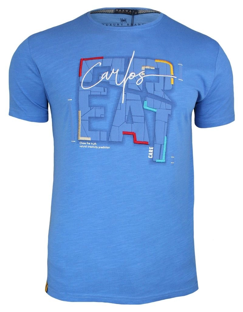 Niebieska Męska Koszulka (T-shirt ) z Nadrukiem, Krótki Rękaw, Błękitna