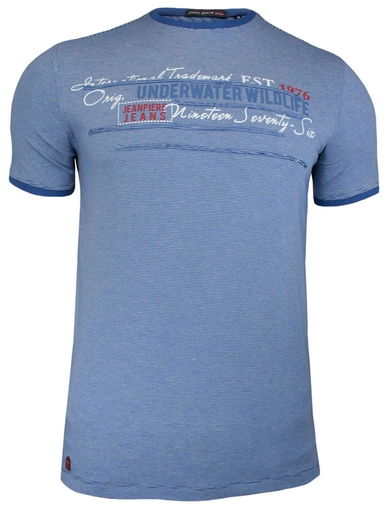 Niebieska Męska Koszulka (T-shirt ) z Nadrukiem, Krótki Rękaw, w Drobne Prążki, Paski