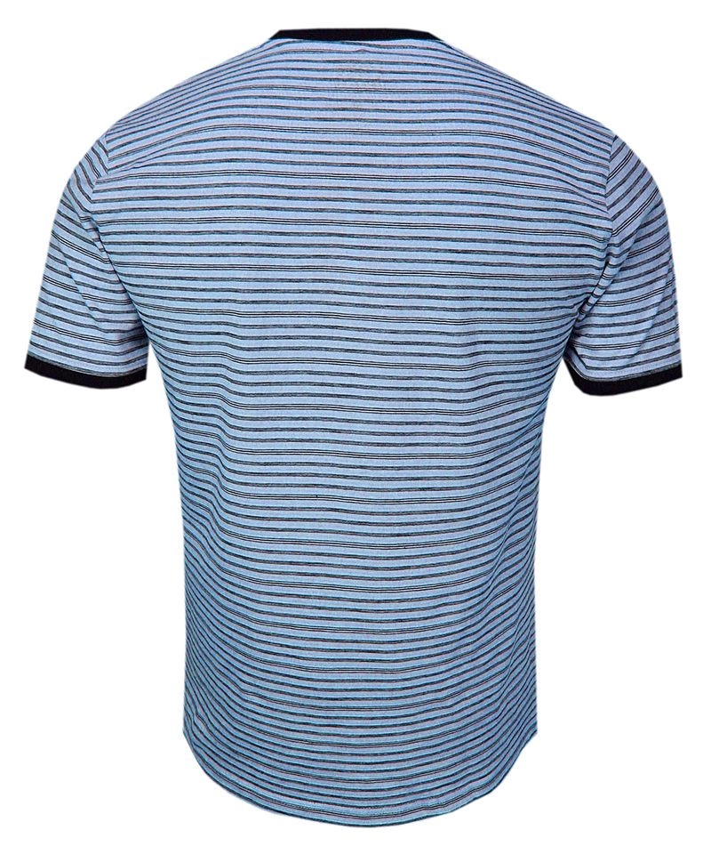 Niebieski Bawełniany T-Shirt -PAKO JEANS- Męski, Okrągły Dekolt, Krótki Rękaw, w Paski, Prążki