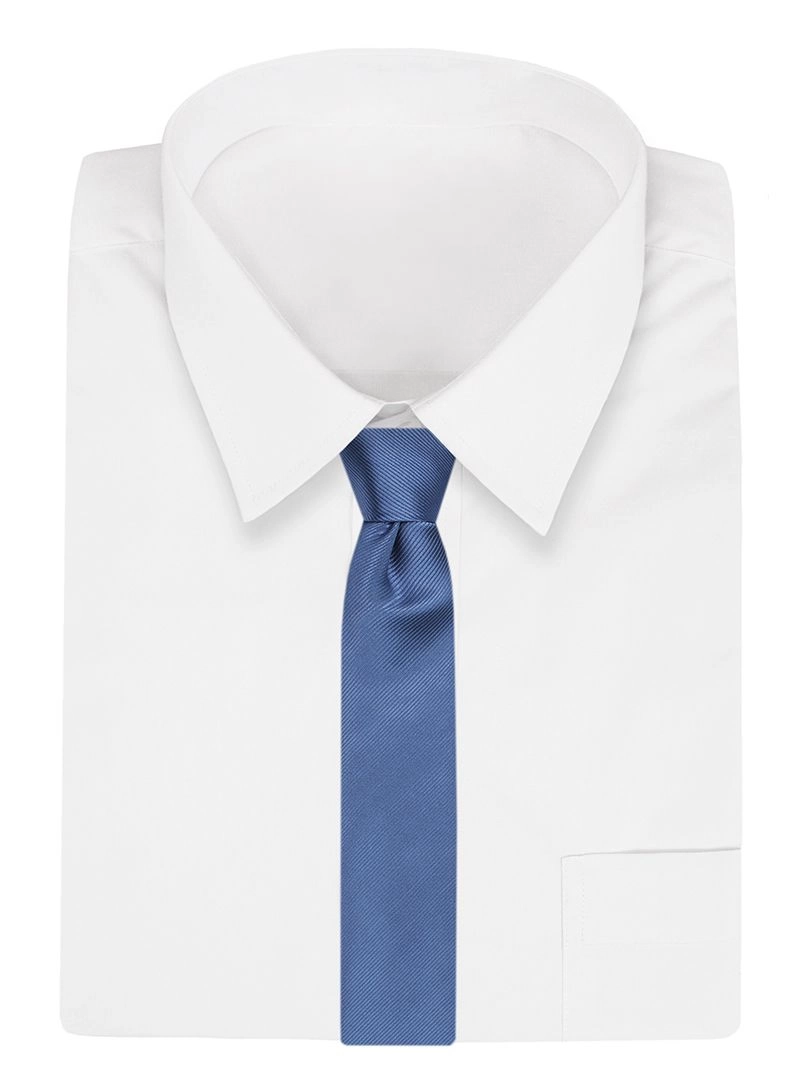 Niebieski Elegancki Klasyczny Męski Krawat -Angelo di Monti- 7 cm, Jednokolorowy, w Delikatne Prążki
