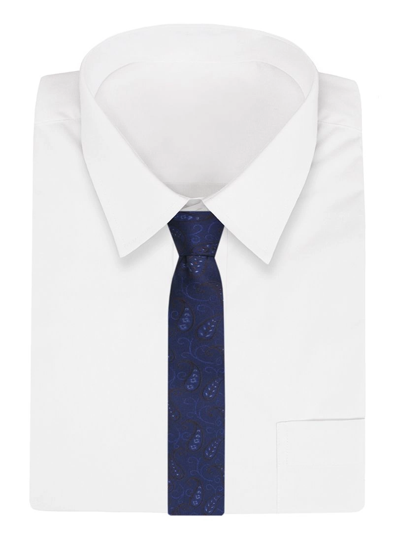 Niebieski Elegancki Męski Krawat -ALTIES- 7cm, Klasyczny, w Brązowy Wzór Paisley, Nerki, Łezki