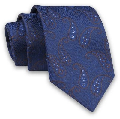 Niebieski Elegancki Męski Krawat -ALTIES- 7cm, Klasyczny, w Brązowy Wzór Paisley, Nerki, Łezki