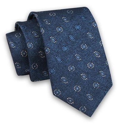 Niebieski Elegancki Męski Krawat -Angelo di Monti- 6 cm, Wzór Geometryczny, Kółka, Okręgi, Koła