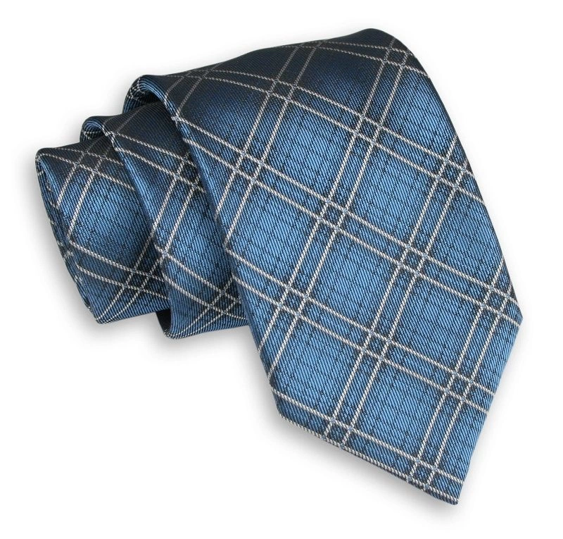 Niebieski Męski Krawat -Chattier- 7,5cm, Klasyczny, Szeroki, Elegancki, w Kratkę