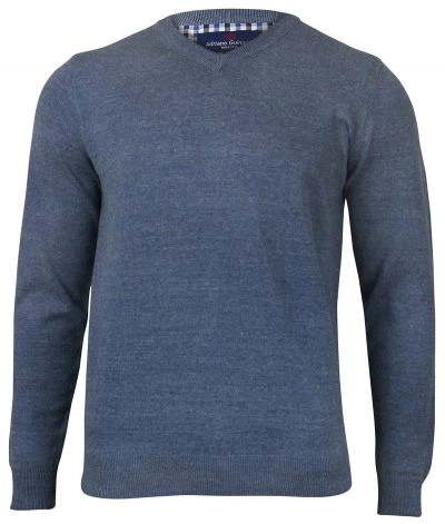 Sweter Niebieski Męski w Serek (V-neck) Klasyczny, Melanż -Adriano Guinari 