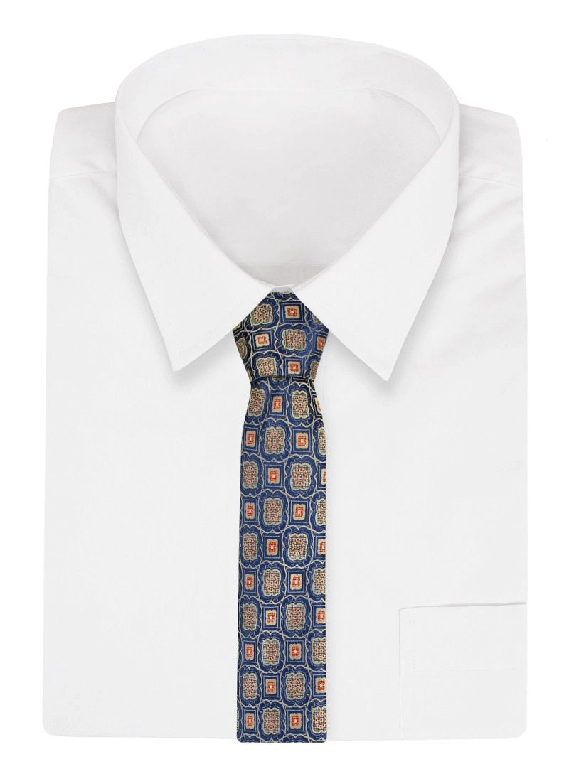 Niebieski Męski Szeroki Krawat -Chattier- 8cm, Klasyczny, w Beżowy Wzór Geometryczny