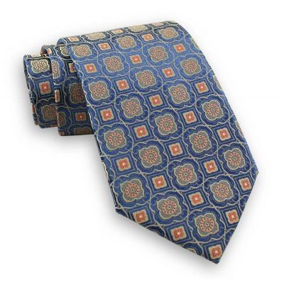 Niebieski Męski Szeroki Krawat -Chattier- 8cm, Klasyczny, w Beżowy Wzór Geometryczny