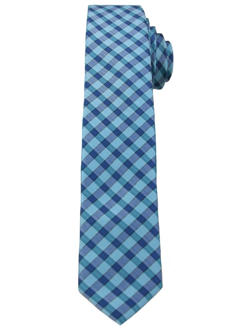 Niebieski Stylowy Krawat (Śledź) Męski w Drobną Kratkę -ALTIES- 5 cm, Wąski