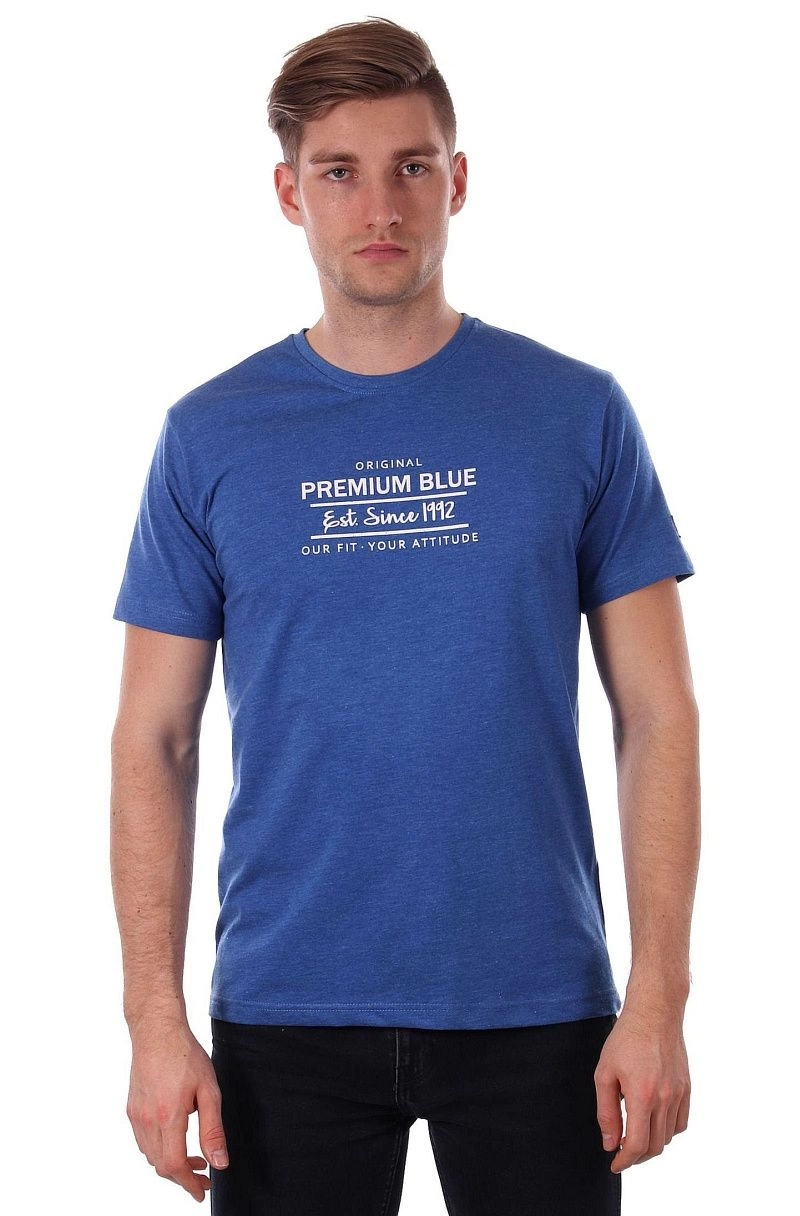 Niebieski T-shirt Męski z Nadrukiem, Krótki Rękaw, Just Yuppi, Błękitna Koszulka w Napisy, Melanż