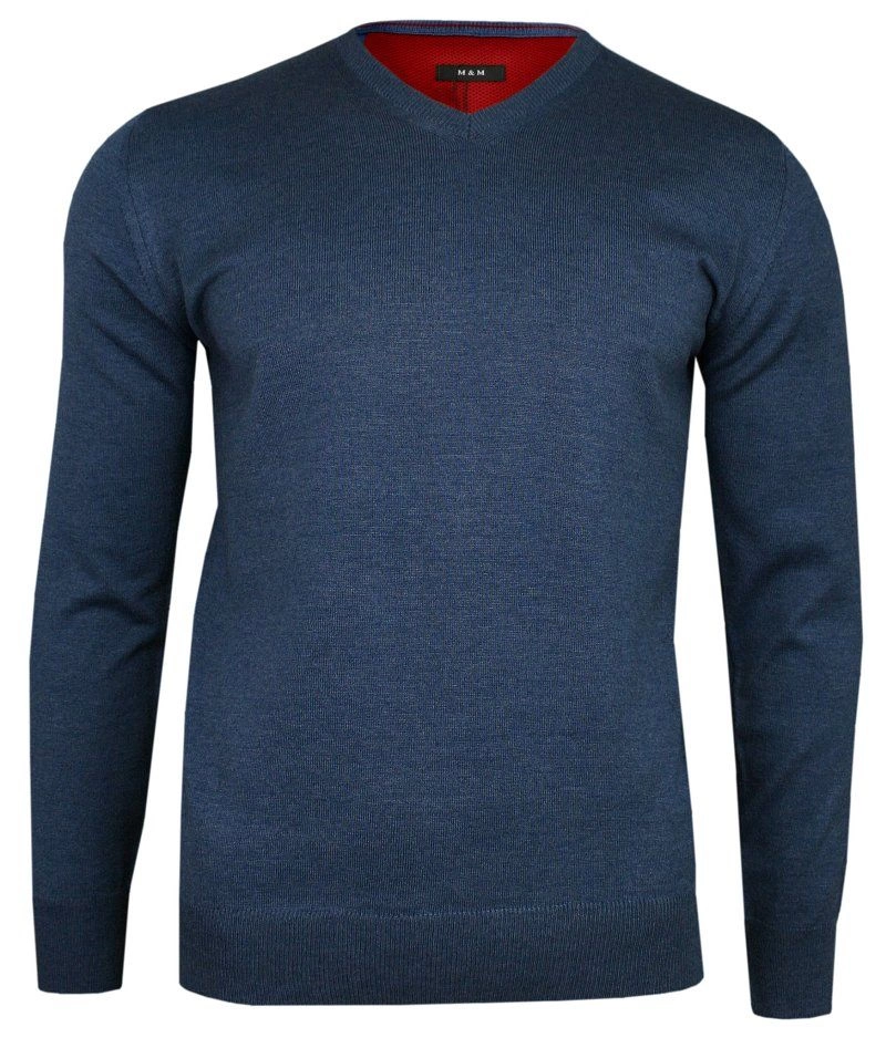 Sweter w Serek, Niebieski Elegancki, Męski (V-neck) -MM Classic- w Serek, Klasyczny