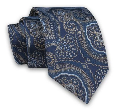 Niebiesko-Beżowy Elegancki Męski Krawat -ALTIES- 7cm, Stylowy, Klasyczny, Wzór Orientalny