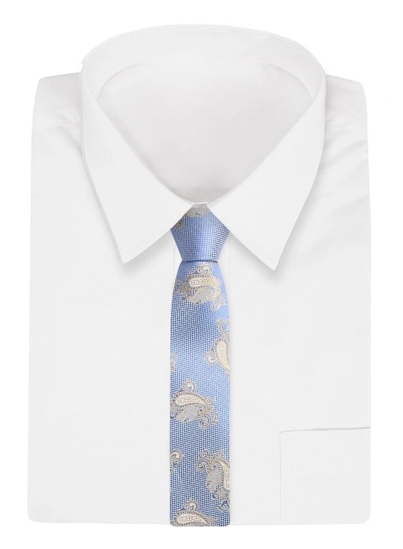 Niebiesko-Beżowy Szeroki Krawat -Angelo di Monti- 7 cm, Męski, Wzór Paisley, Łezki