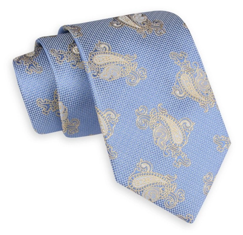 Niebiesko-Beżowy Szeroki Krawat -Angelo di Monti- 7 cm, Męski, Wzór Paisley, Łezki