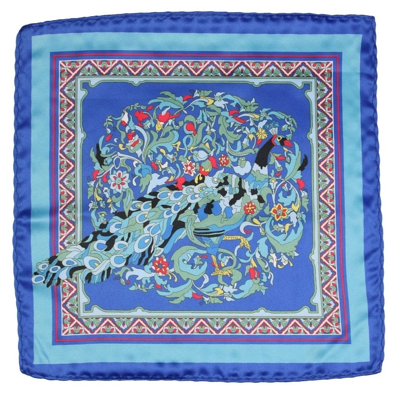 Niebiesko-Błękitna Męska Poszetka -ALTIES- 24x24 cm, z Pawiem, Motyw Zwierzęcy
