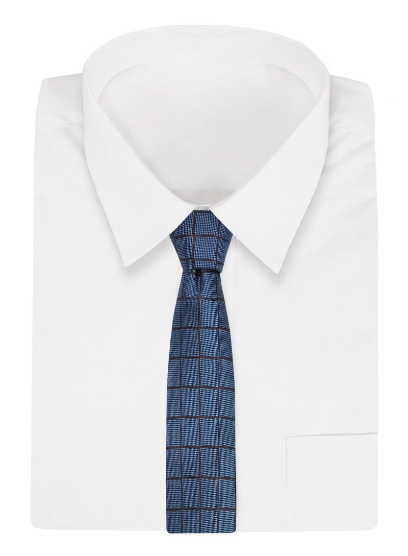 Niebiesko-Brązowy Klasyczny Męski Krawat -ALTIES- 7cm, Szeroki, w Grubą Kratę