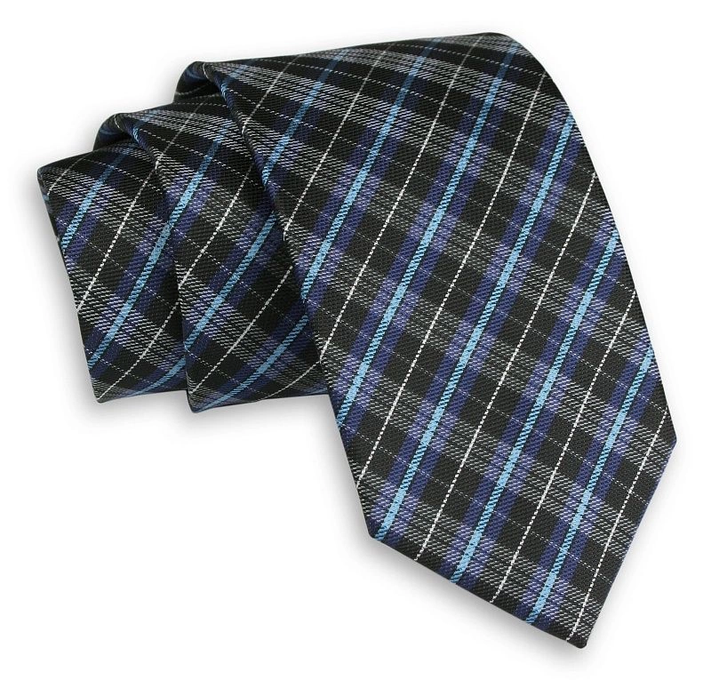 Niebiesko-Czarny Elegancki Męski Krawat -ALTIES- 7 cm, Klasyczny, w Drobną Kratkę