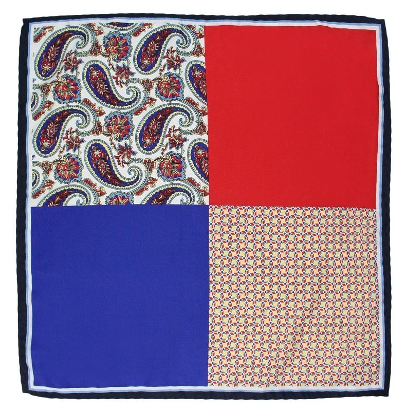 Niebiesko-Czerwona Elegancka Poszetka Męska -ALTIES- 34x34 cm, Wzór Poczwórny, Paisley