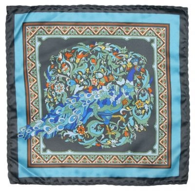Niebiesko-Popielata Męska Poszetka z Pawiem -ALTIES- 24x24 cm, Motyw Zwierzęcy