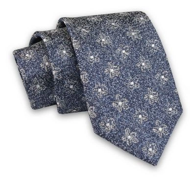 Niebiesko-Szary Elegancki Męski Krawat ALTIES- 7cm, Stylowy, Klasyczny, w Kwiaty, Motyw Florystyczny