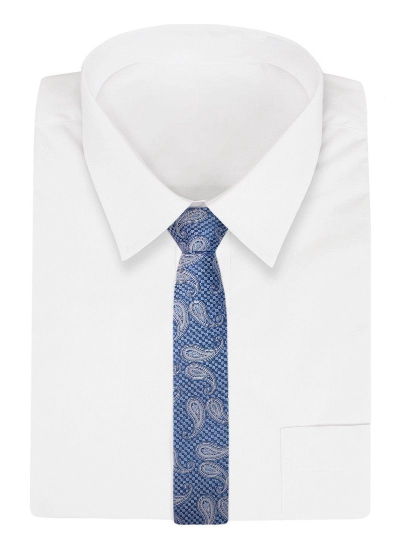 Niebiesko-Szary Elegancki Męski Krawat -ALTIES- 7cm, Stylowy, Klasyczny, Wzór Paisley, Łezki