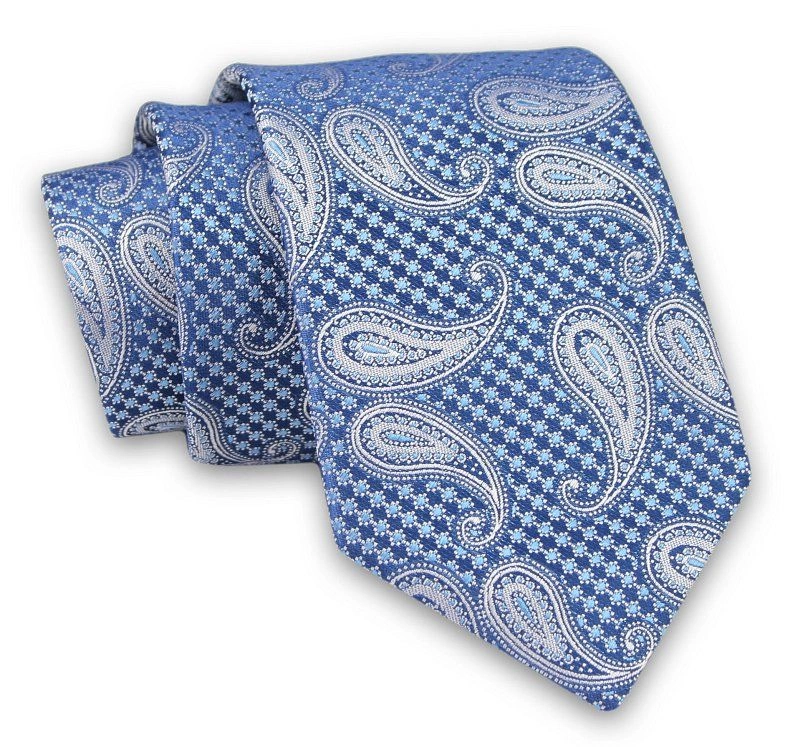 Niebiesko-Szary Elegancki Męski Krawat -ALTIES- 7cm, Stylowy, Klasyczny, Wzór Paisley, Łezki
