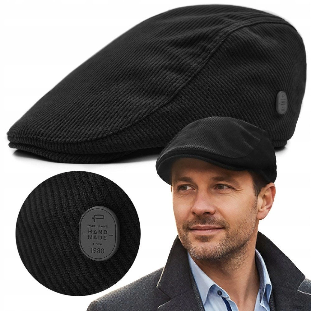Ocieplany, Sztruksowy Kaszkiet - Pako Jeans - Czarny