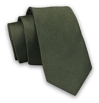 Oliwkowy Elegancki Śledź Męski Krawat -Angelo di Monti- 5 cm, Jednokolorowy, w Delikatne Prążki