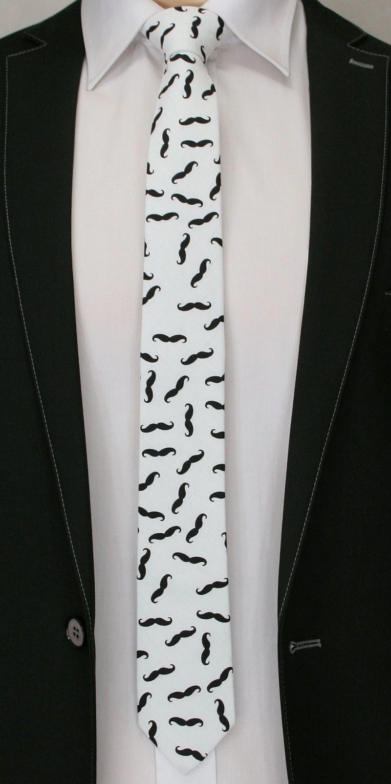 Oryginalny Krawat - 6 cm - Alties, Biały w Czarne Wąsy
