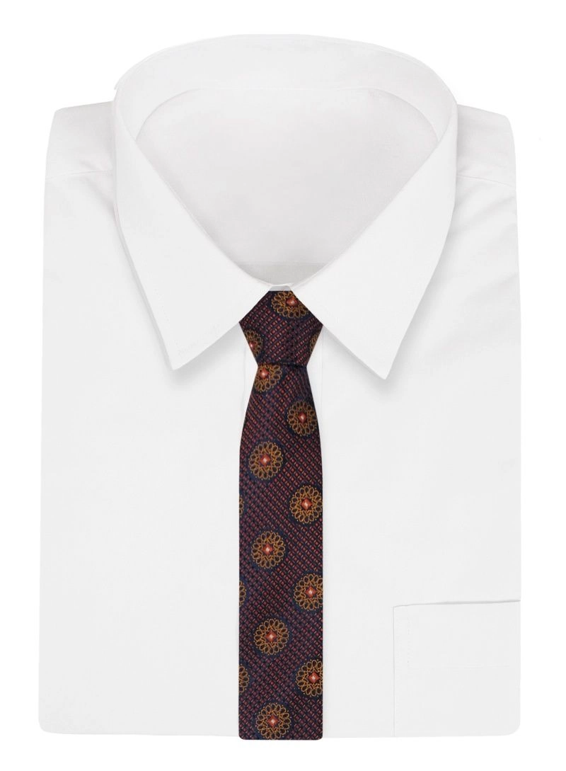 Pomarańczowo-Granatowy Elegancki Męski Krawat -ALTIES- 7 cm, Klasyczny, Wzór Geometryczny