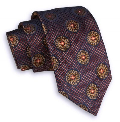 Pomarańczowo-Granatowy Elegancki Męski Krawat -ALTIES- 7 cm, Klasyczny, Wzór Geometryczny