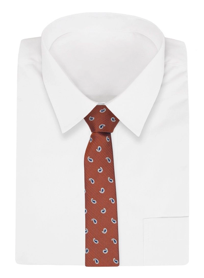 Pomarańczowy Elegancki Krawat Męski -ALTIES- 6 cm, Miedziany, w Paisley, Łezki