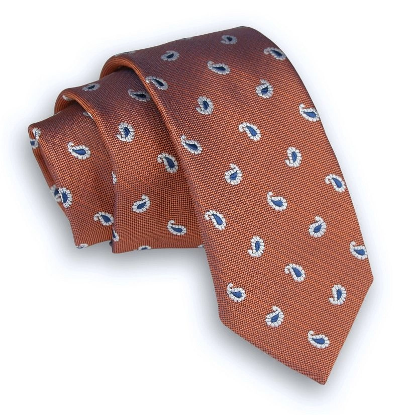 Pomarańczowy Elegancki Krawat Męski -ALTIES- 6 cm, Miedziany, w Paisley, Łezki
